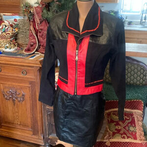 Cach’e Black Red leather color block fitted versatile Moto jacket & Skirt
